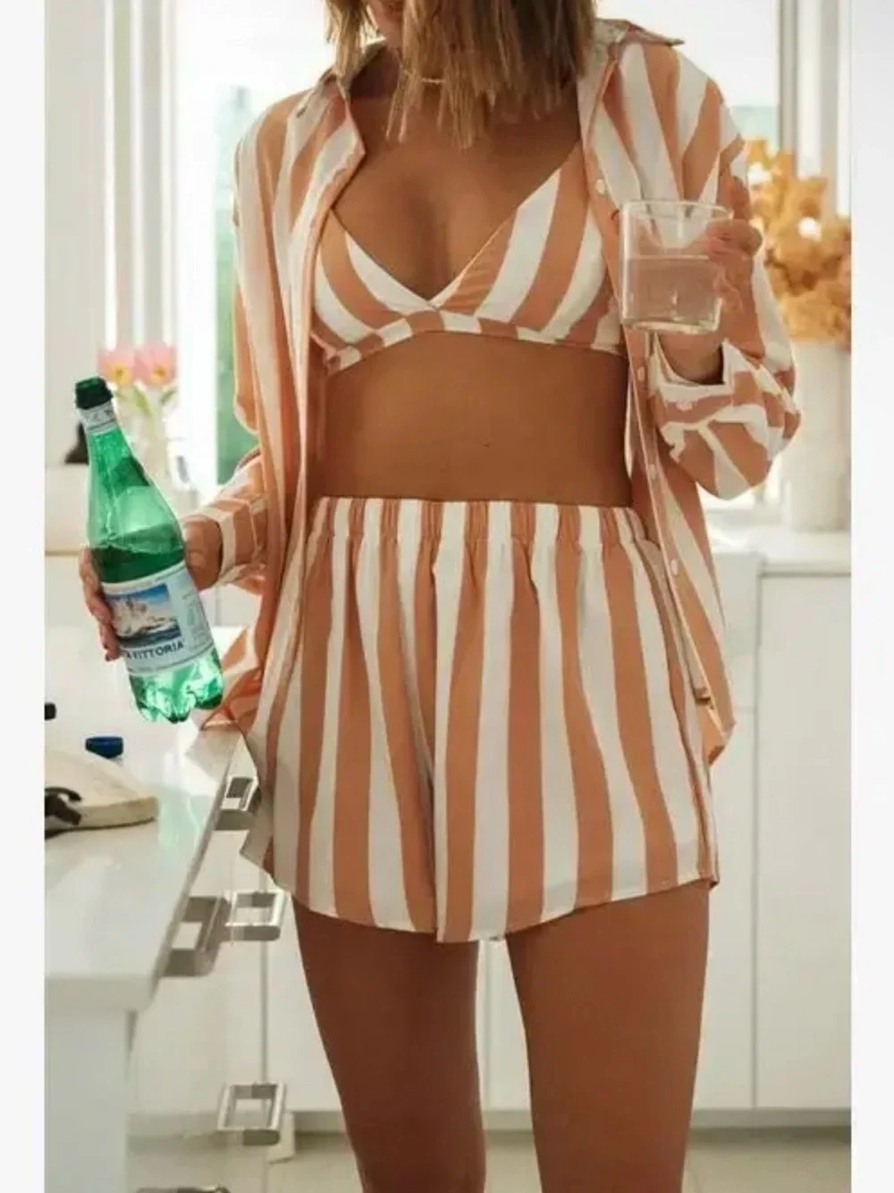 Ladies Striped 3-Piece Lounge Set - Orange & White size Medium